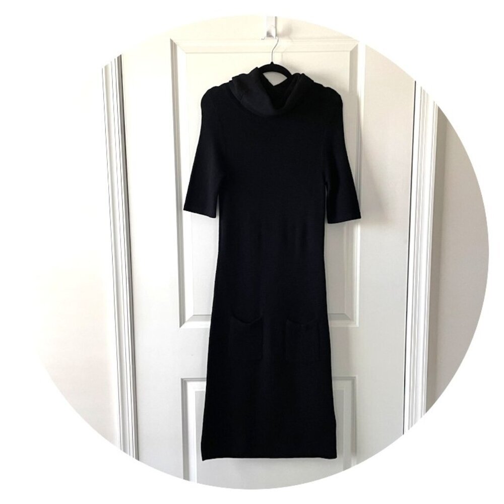 Moda International M Black Knit Sweater Dress – Cowl Neck, Elbow Sleeve, Pockets